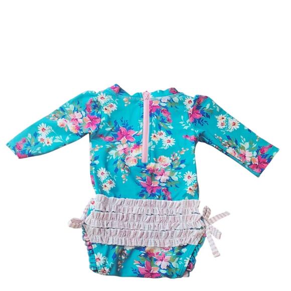 Ruffle Butts Turquoise Pink Hawiian Floral Long Sleeve Bathing Suit 0-3 Months - Picture 2 of 3
